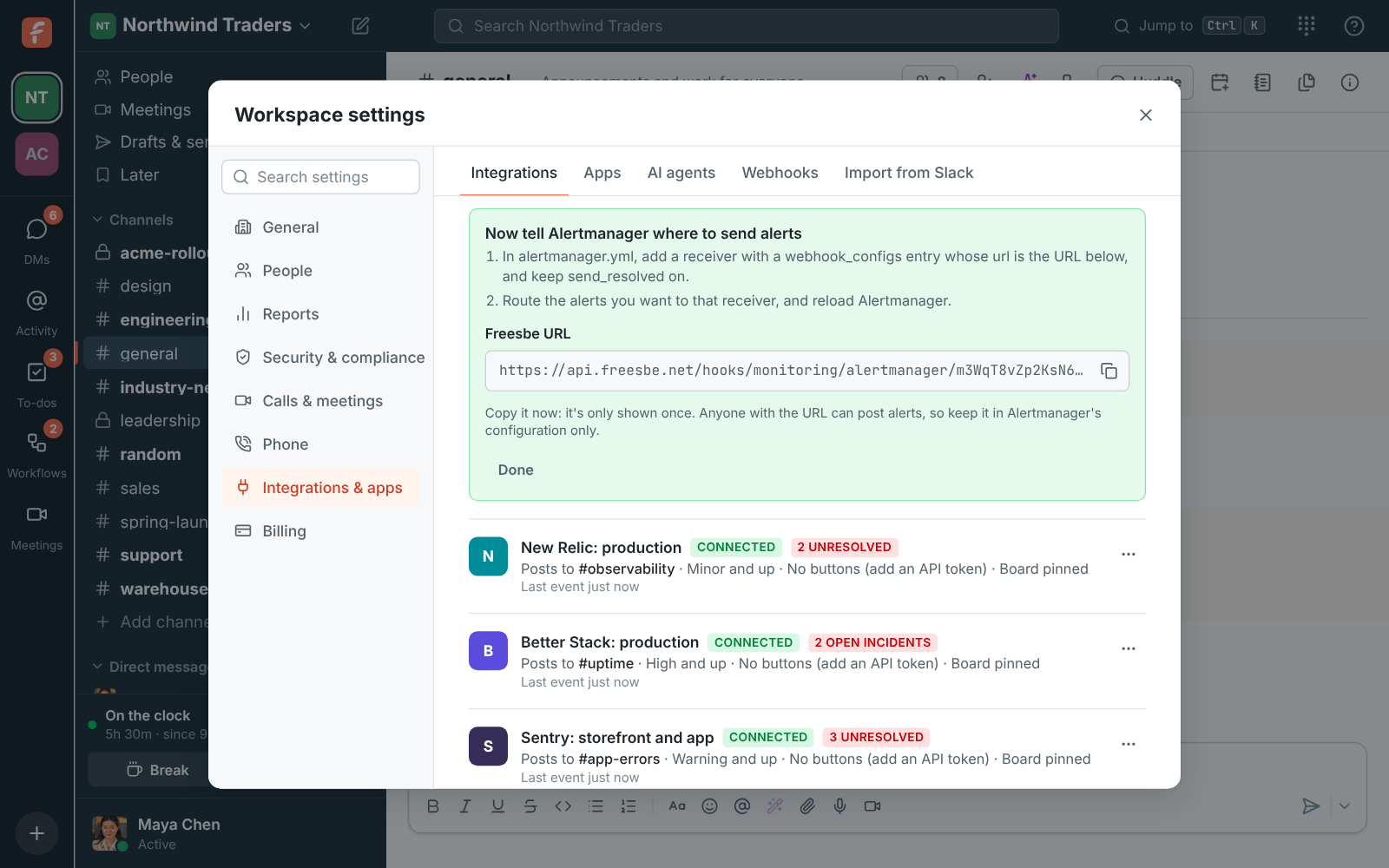 Connecting Alertmanager in Freesbe, with the receiver to add to alertmanager.yml