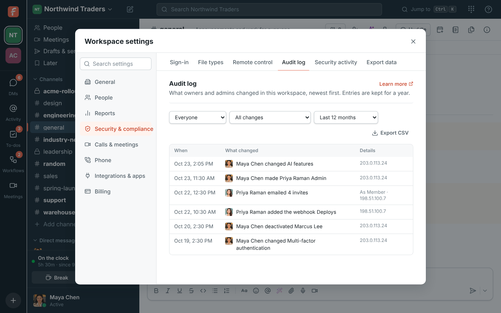 Workspace settings, Audit log: Maya changed AI features, made Priya Raman Admin, emailed 4 invites as Member and added the webhook Deploys, each with when and from where
