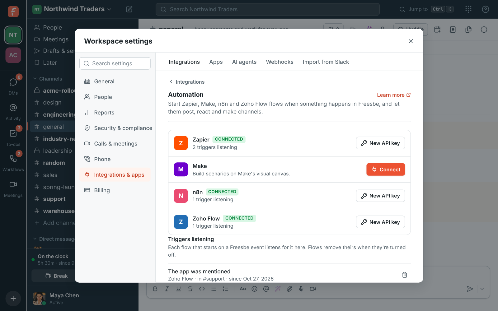 Workspace settings, Integrations, Automation: Zapier, n8n and Zoho Flow connected, with the triggers their flows are listening for