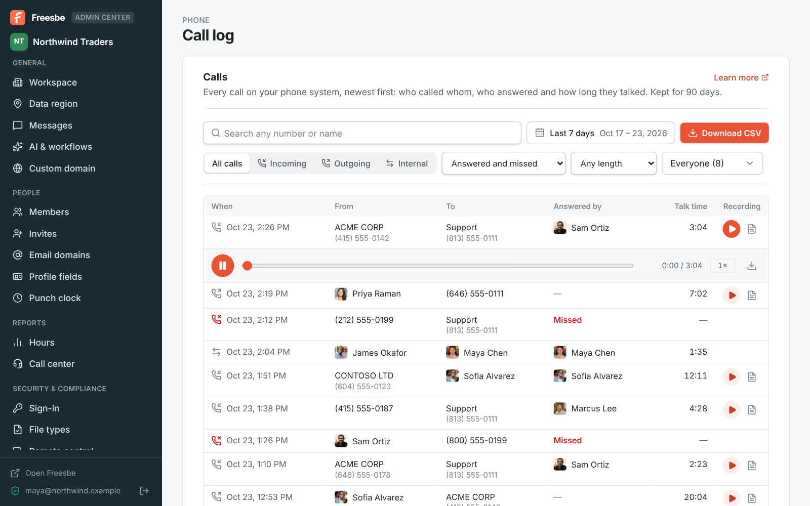 A recorded call playing in the call log, right under the call