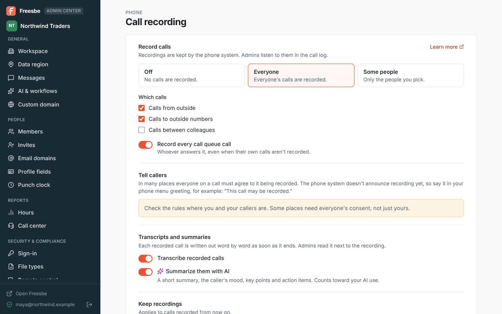 The Admin Center on Phone → Call recording: everyone’s calls from and to outside recorded, every queue call recorded, transcripts and AI summaries on, and recordings kept for a year