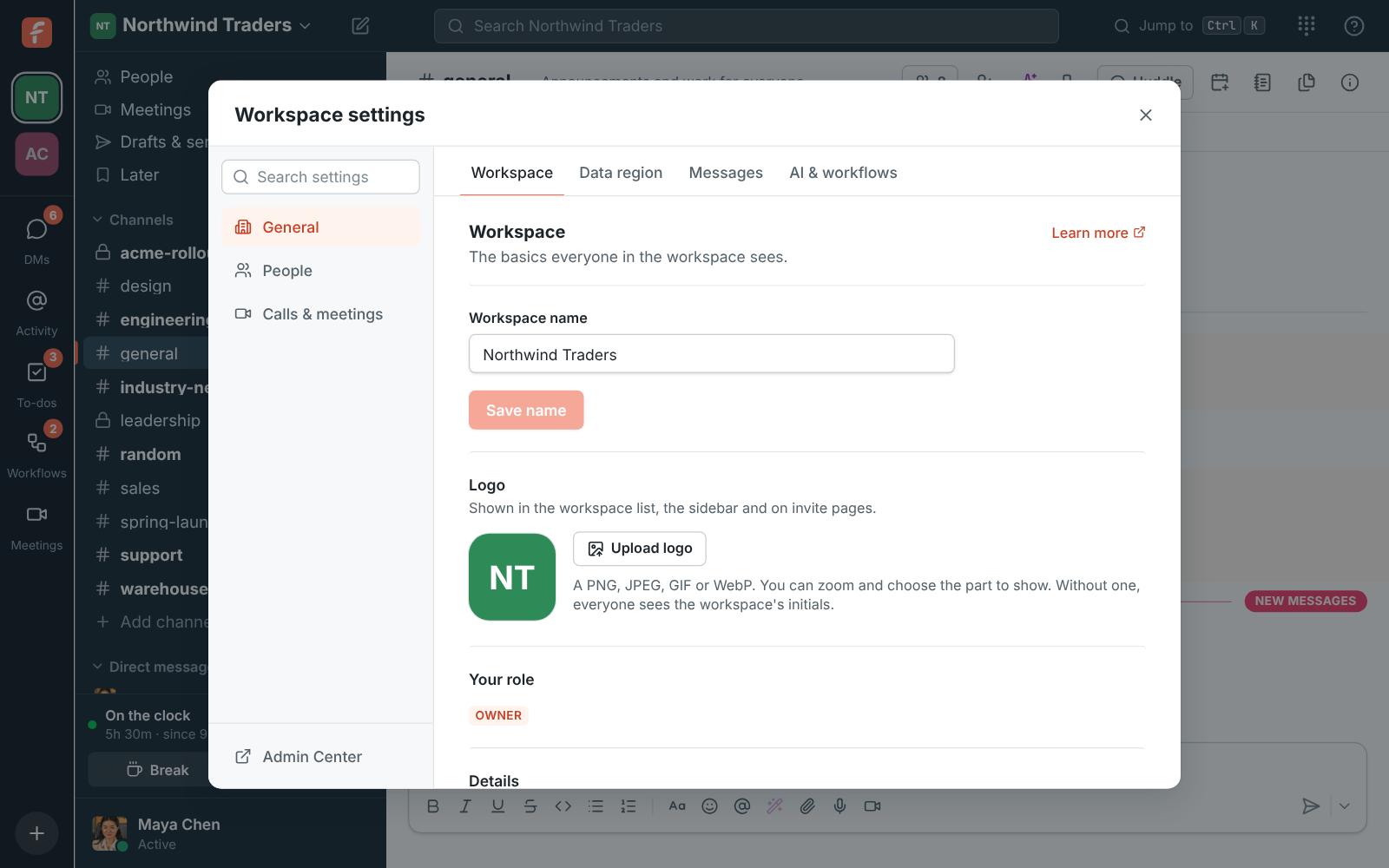 Workspace settings in the app on Security & compliance → Sign-in, with an Open in the Admin Center button
