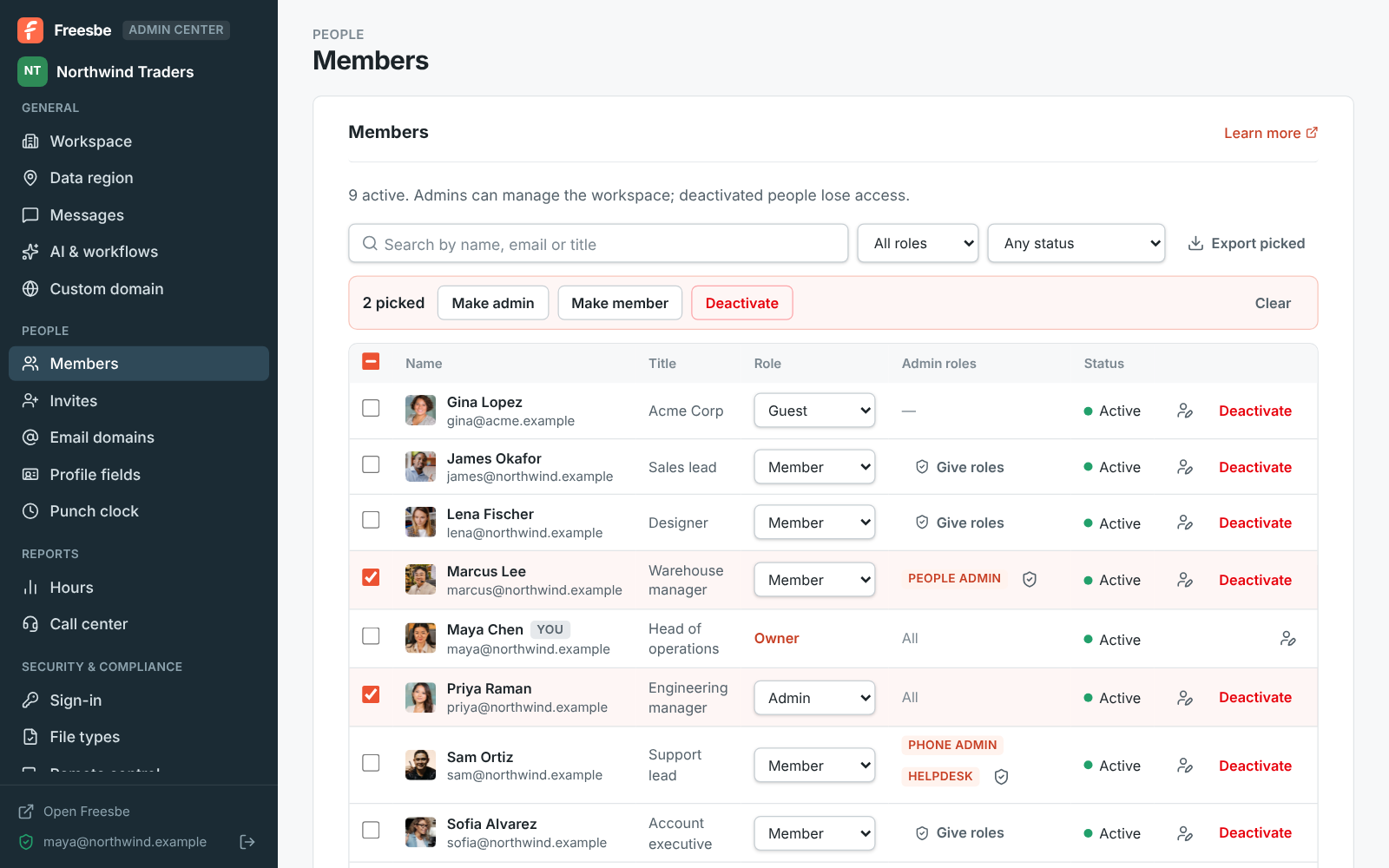 The Admin Center’s Members table with two people picked and the bar that changes them at once