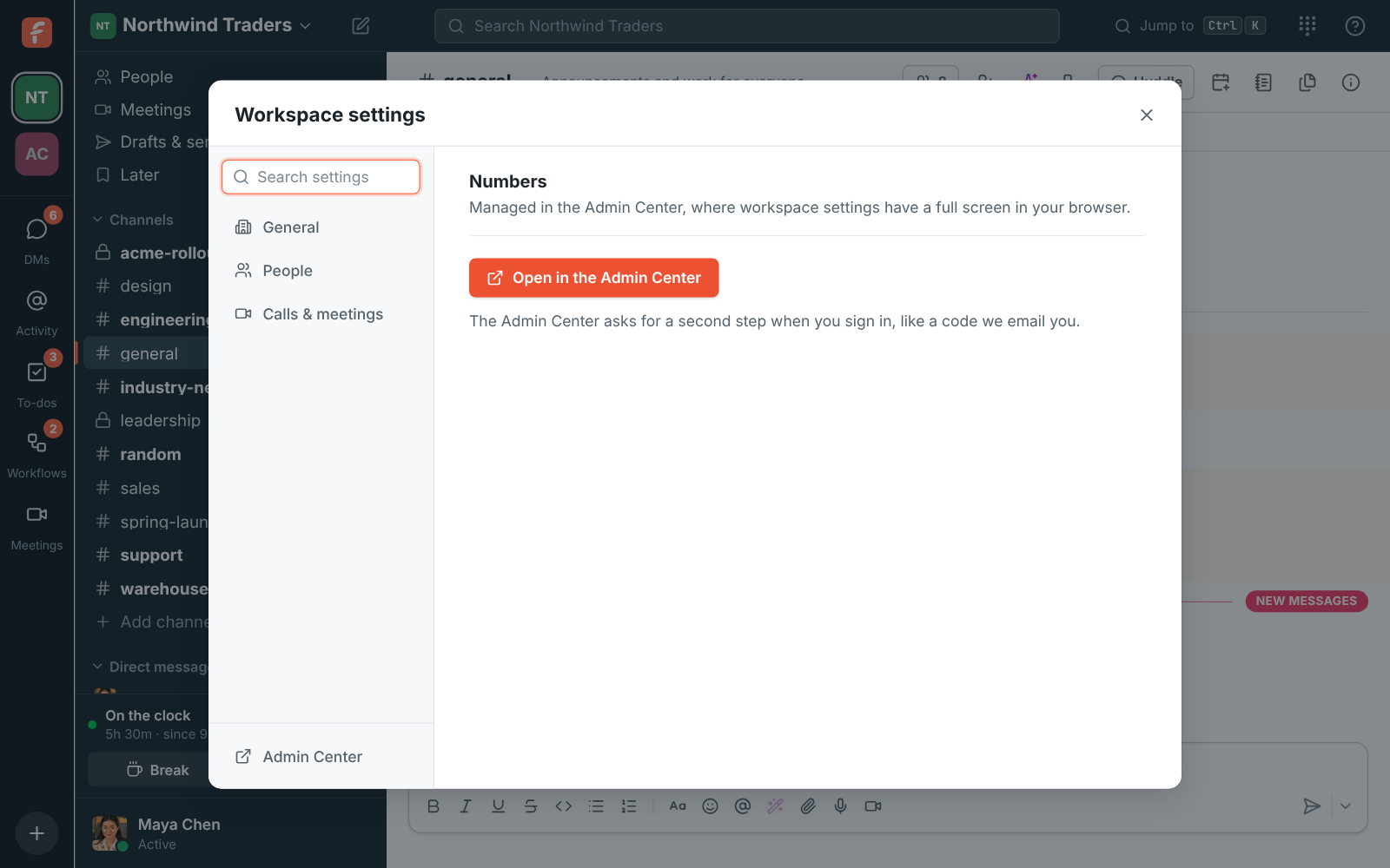 Workspace settings in the app on Phone → Numbers, with an Open in the Admin Center button
