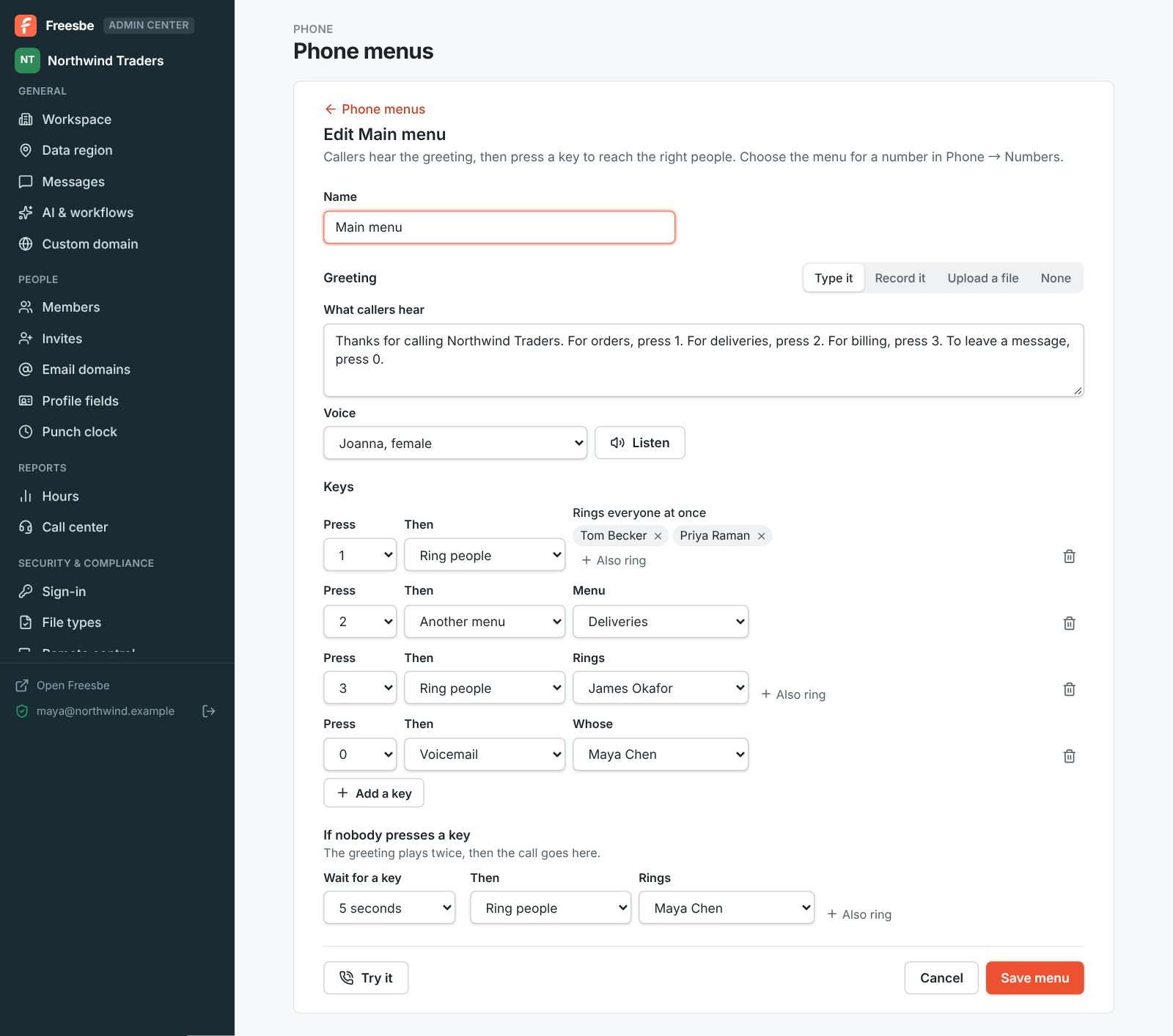 Editing the Main menu in the Admin Center: a typed greeting read out by Joanna, key 1 ringing two people, key 2 opening the Deliveries menu, key 3 ringing James and key 0 taking a voicemail