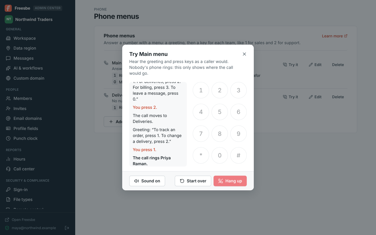 Trying the Main menu: the greeting, key 2 moving the call to Deliveries, then key 1 there ringing Priya Raman