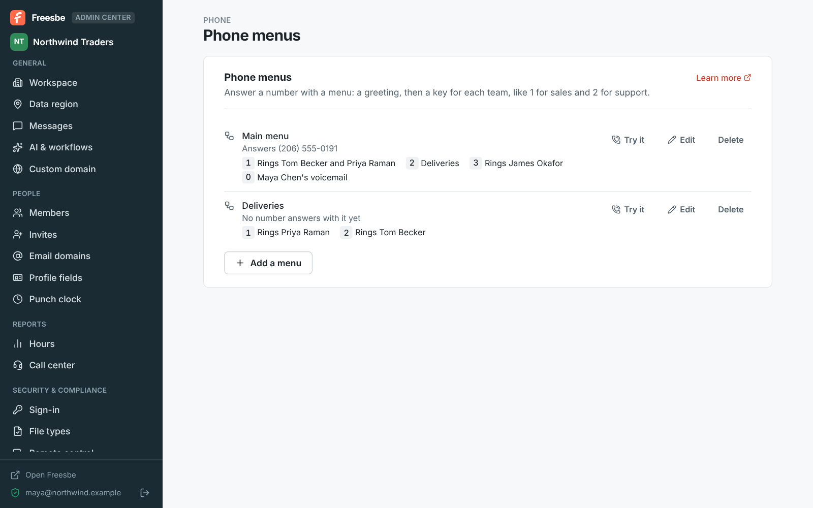 The Admin Center on Phone → Phone menus: a Main menu answering one number, with keys for orders, deliveries, billing and voicemail, and a Deliveries menu under it