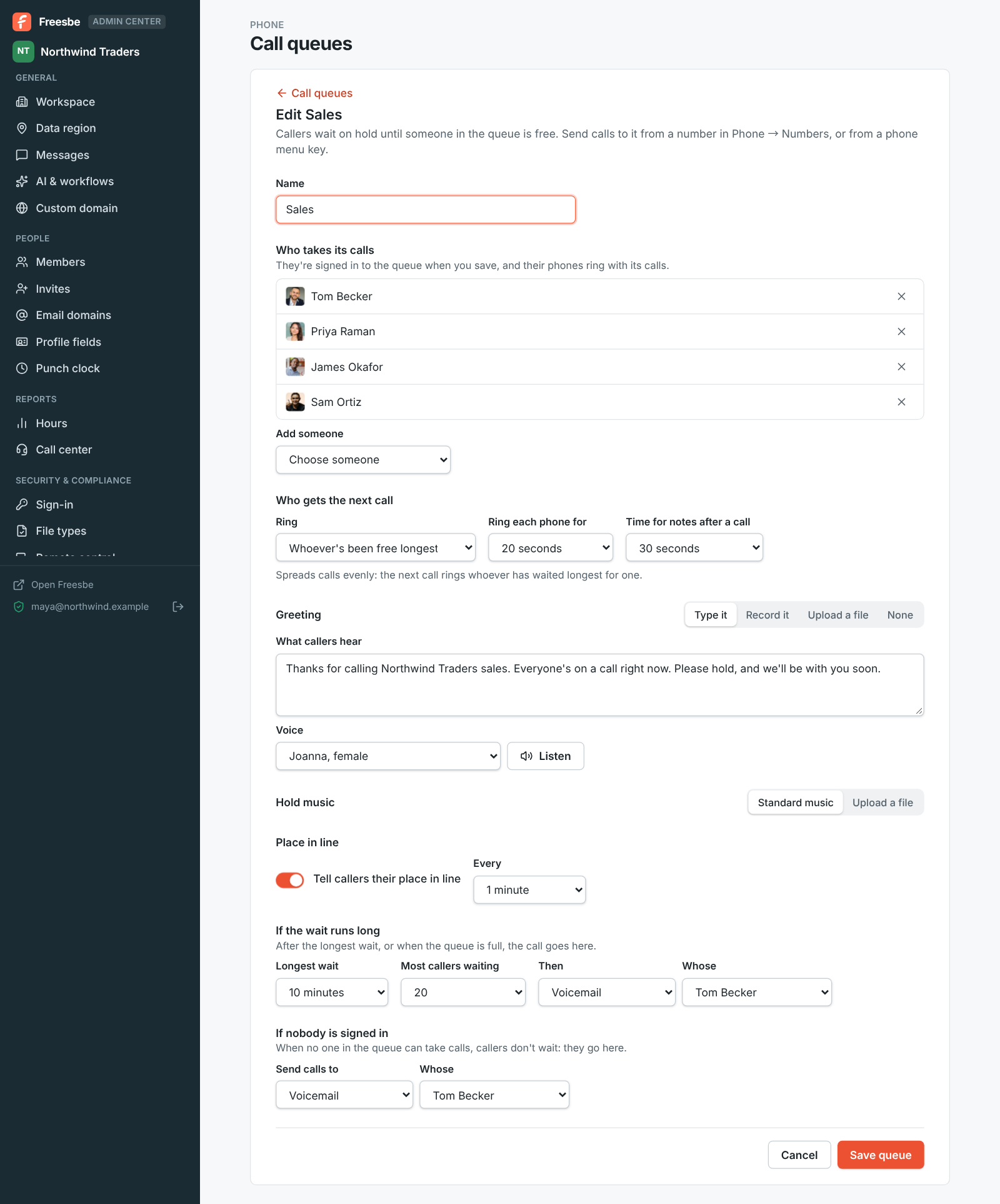 Editing the Sales queue: four people, whoever’s been free longest gets the next call, a typed greeting, standard hold music, place in line every minute, and voicemail after 10 minutes