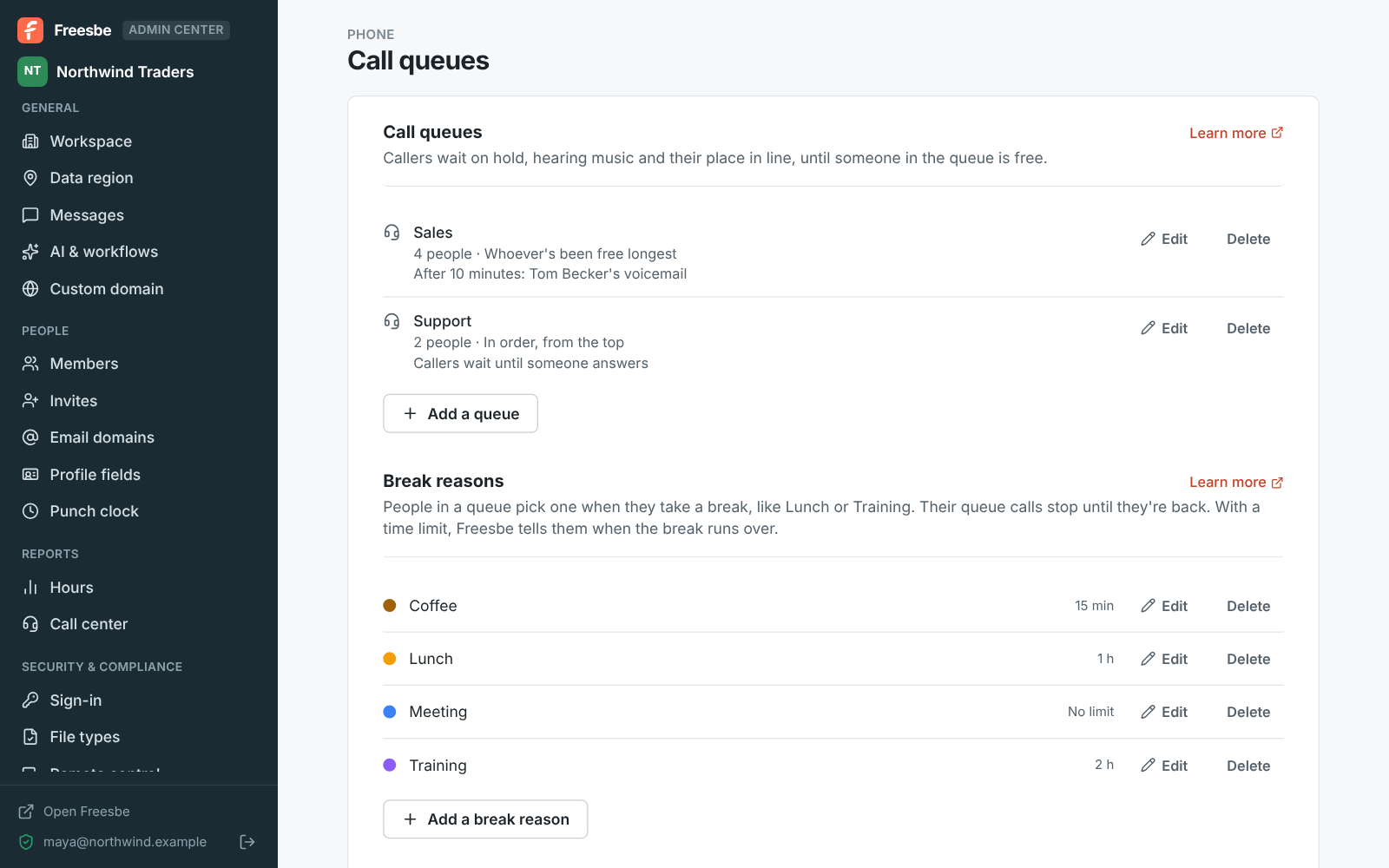 The Admin Center on Phone → Call queues: a Sales queue of four people that sends callers to voicemail after 10 minutes, and a Support queue that rings two people in order