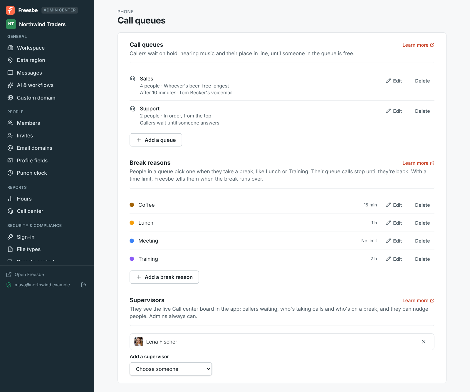 The Admin Center on Phone → Call queues: Lena Fischer as a supervisor, under the break reasons