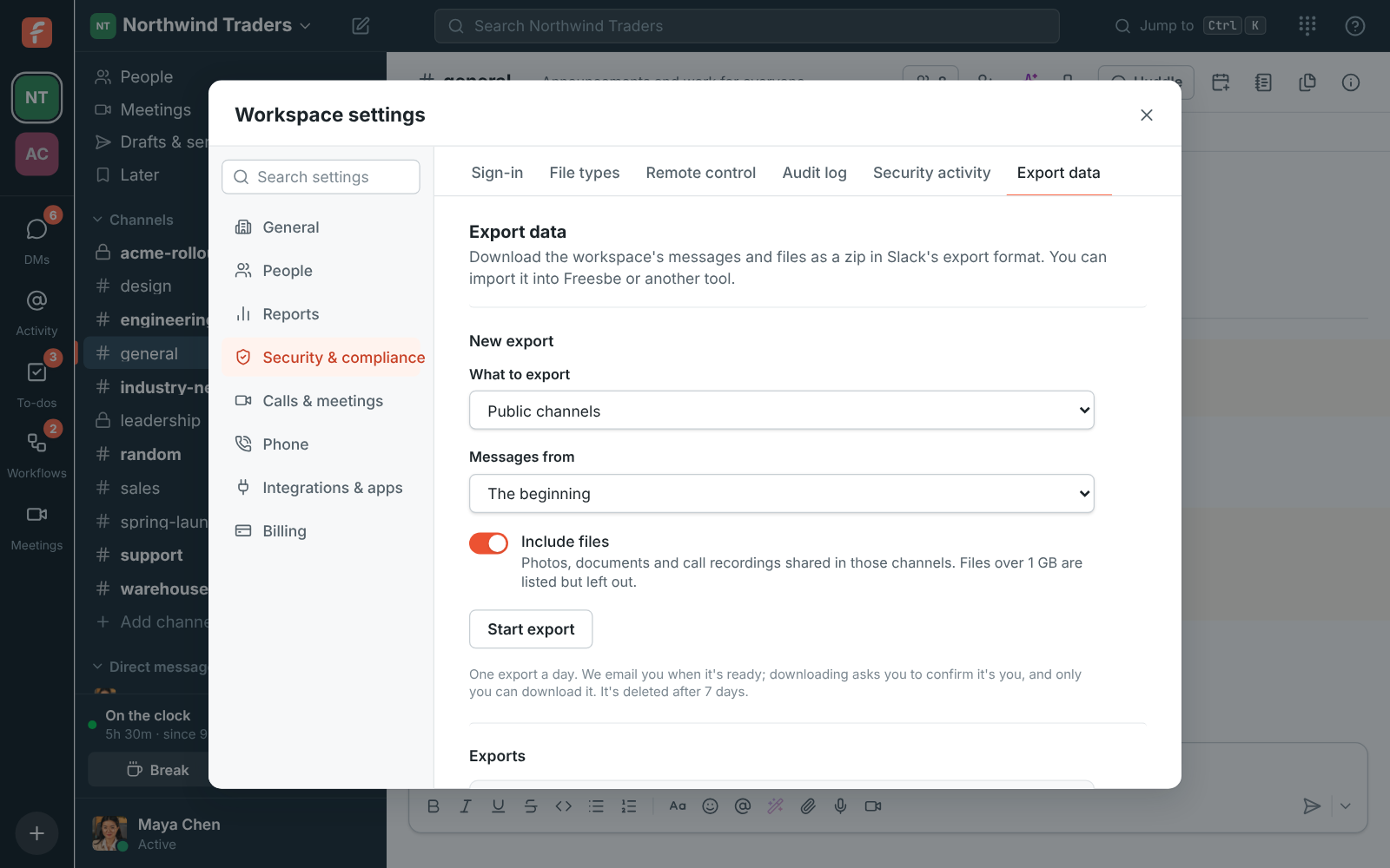 Workspace settings, Export data: a new export of public channels with files, and a ready export with its Download button