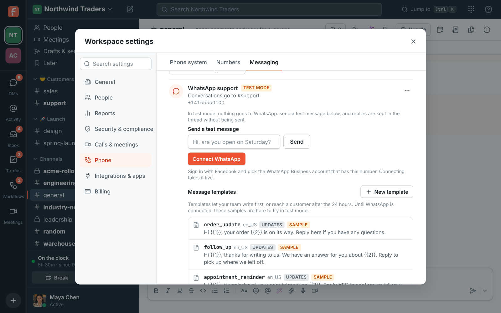 Workspace settings, Phone, Messaging: the WhatsApp support inbox in test mode, going to #support, with Send a test message and Connect WhatsApp