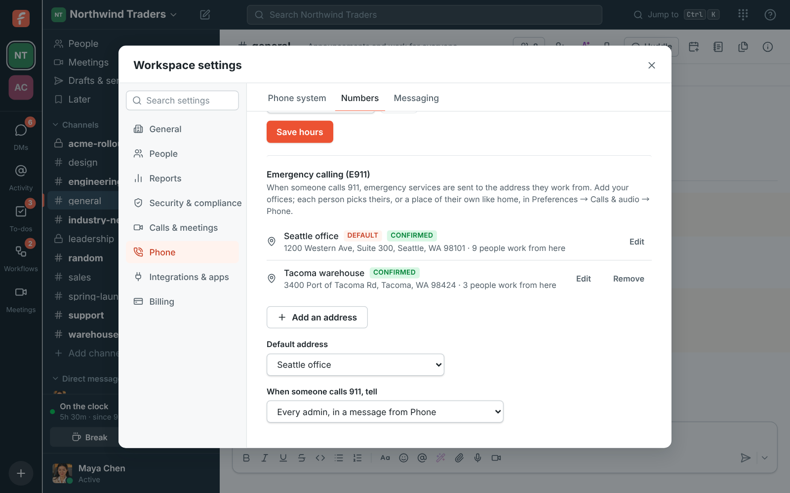 Workspace settings, Phone → Numbers → Emergency calling: the Seattle office as the default and the Tacoma warehouse, both confirmed, and 911 alerts going to every admin