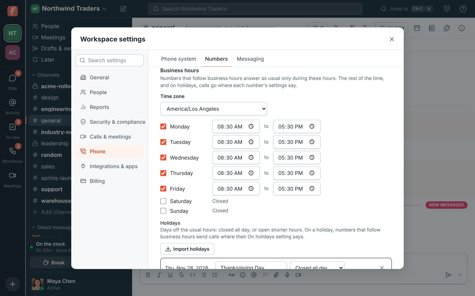 Workspace settings, Phone → Numbers → Business hours: weekdays 8 to 5 Pacific, with Thanksgiving and Christmas as closed days