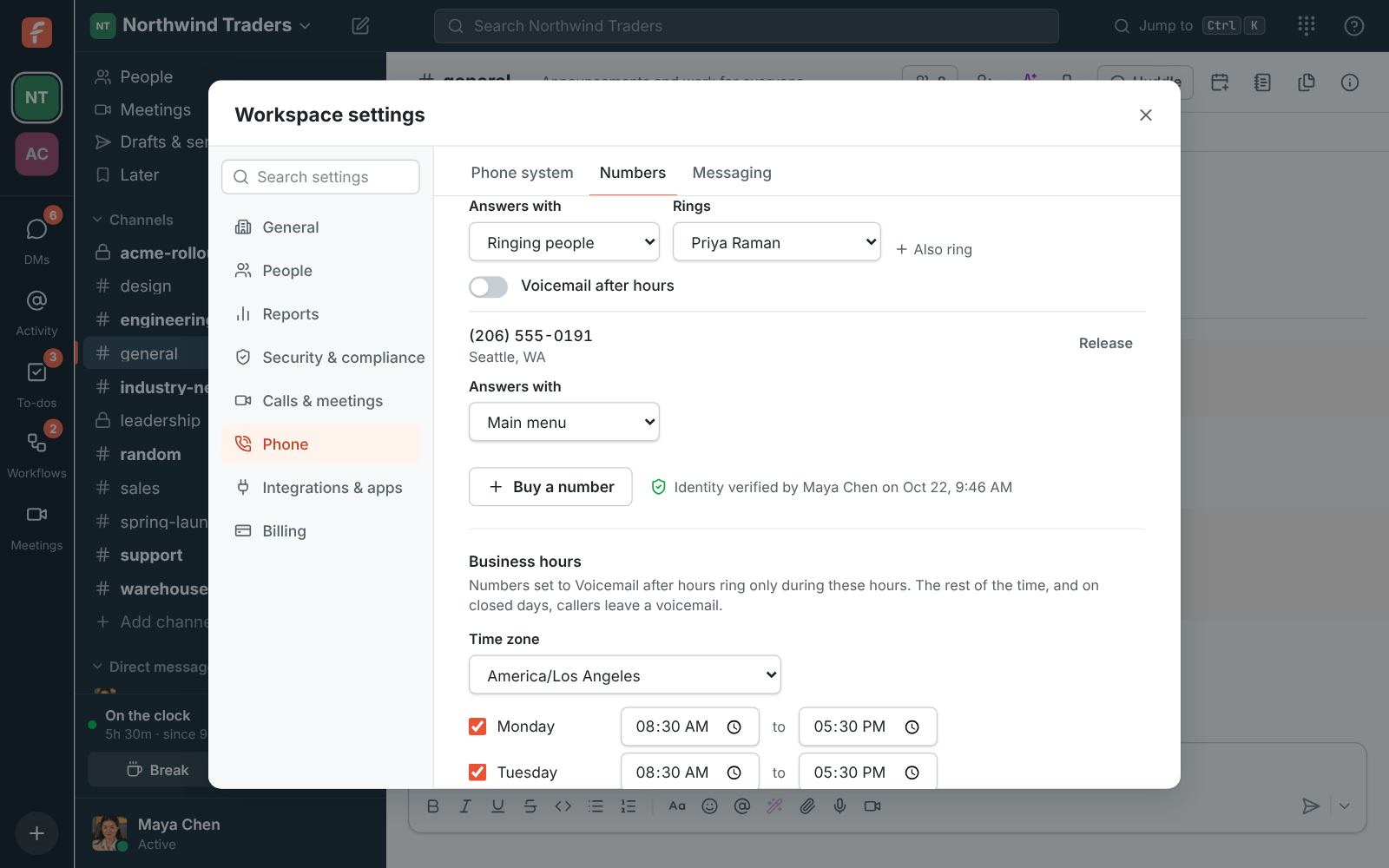 Workspace settings, Phone → Numbers: a number that answers with the Main menu