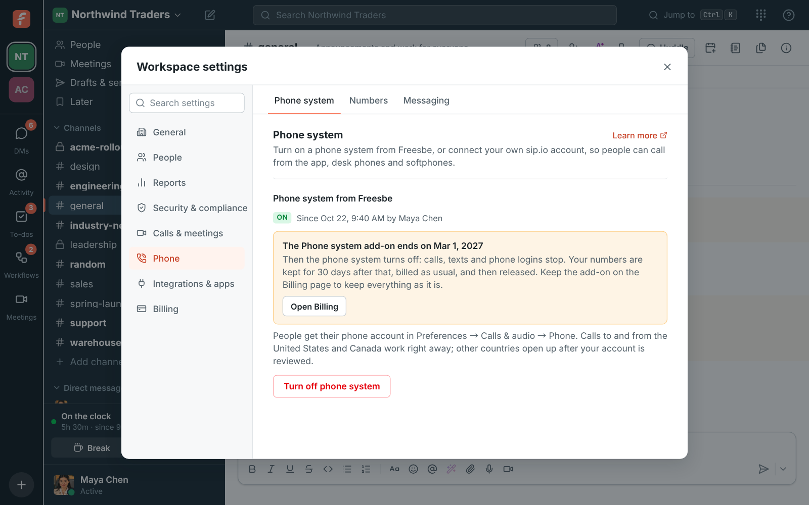 Workspace settings, Phone system: the Phone system add-on ends on March 1, then the phone system turns off and the numbers are kept for 30 days