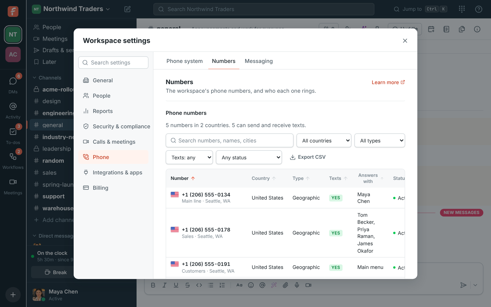 Workspace settings, Phone → Numbers: Freesbe’s phone system is on, with its numbers and who each one rings, one of them ringing three people