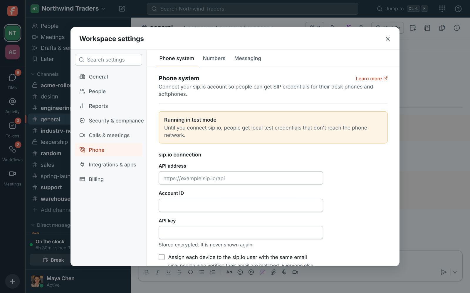 Workspace settings, Phone system: the sip.io connection