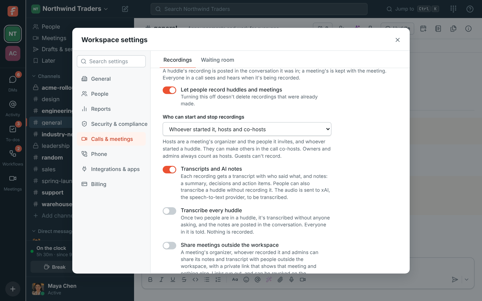 Workspace settings, Recordings: Who can start and stop recordings, set to Whoever started it, hosts and co-hosts