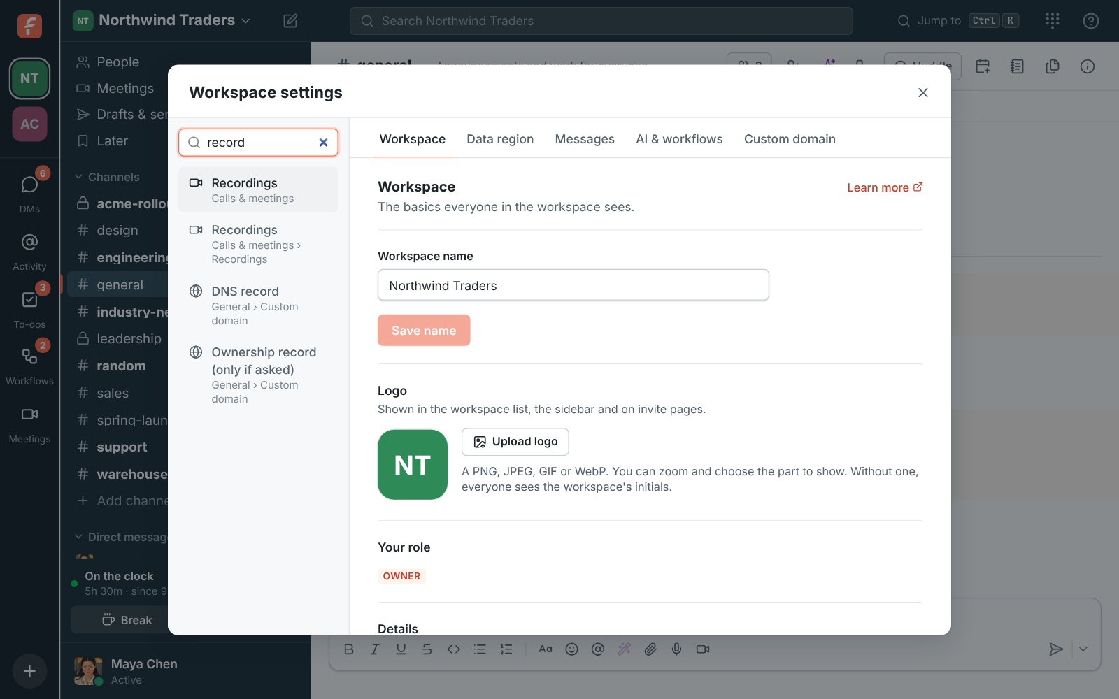 Workspace settings, searching for “record”: Recordings in Workspace, and DNS record and Ownership record in Custom domain