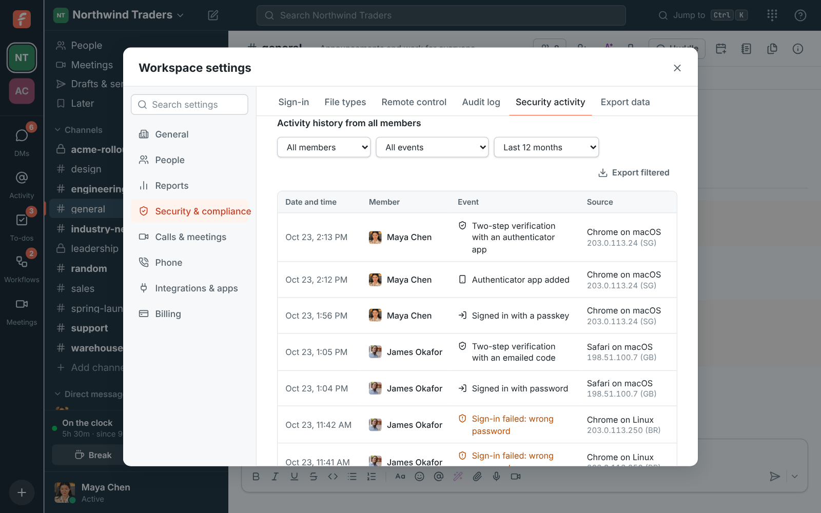 Workspace settings, Security activity: Northwind’s sign-ins, with two failed sign-ins on James’s account from São Paulo