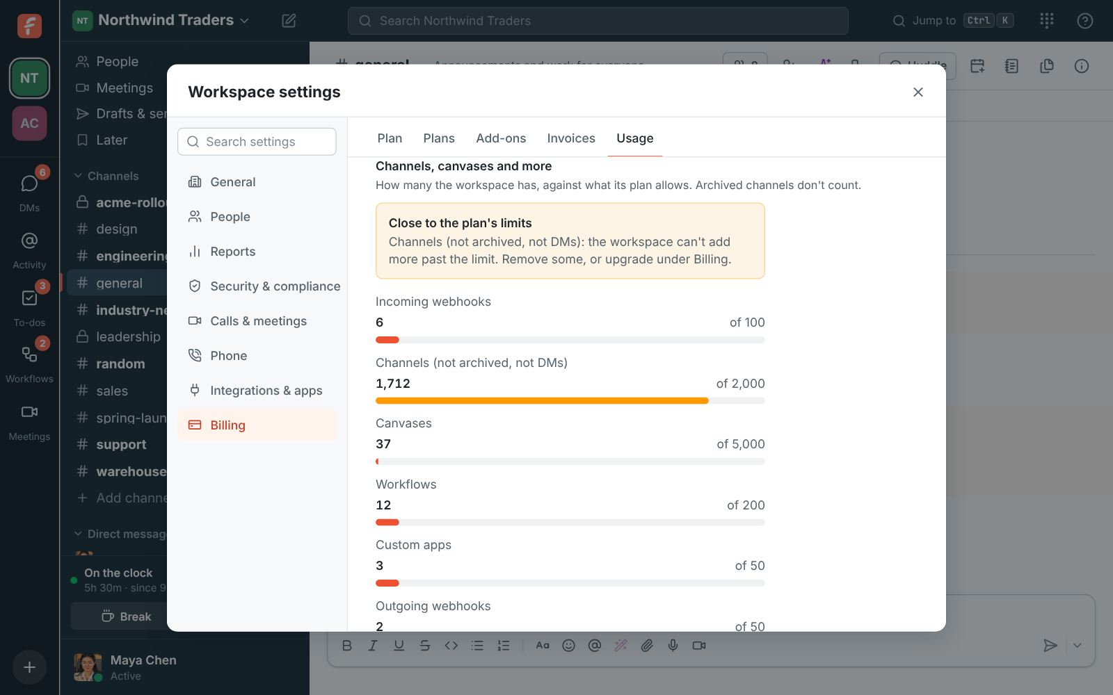Workspace settings, Usage: 1,712 of 2,000 channels with a “Close to the plan’s limits” warning