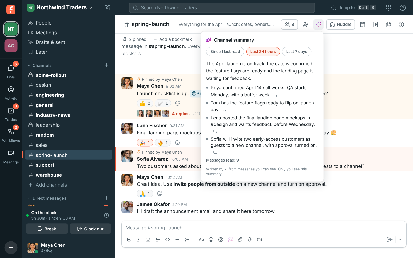 The #spring-launch channel with its AI channel summary open