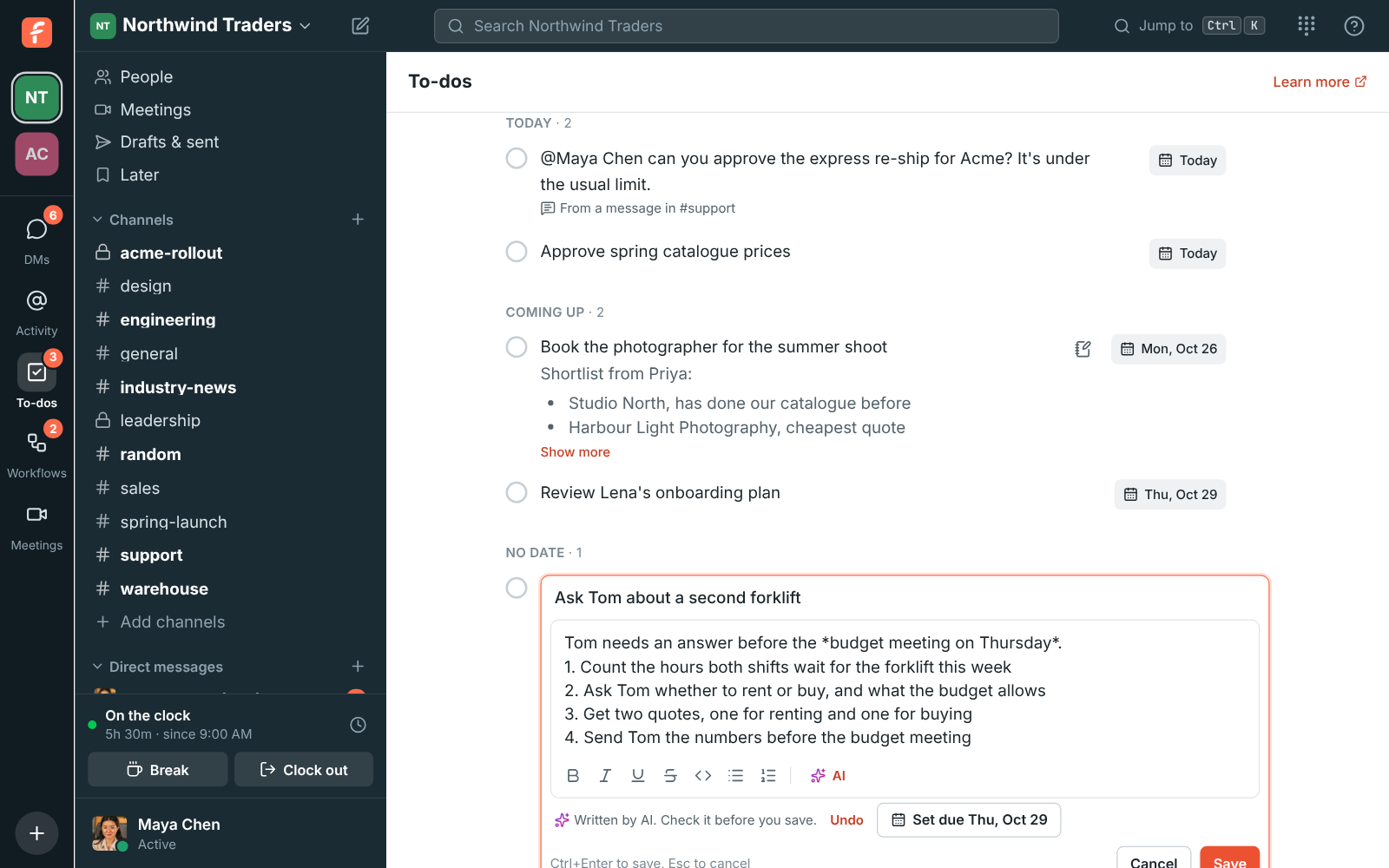 A to-do planned by AI: a line on the budget meeting, four numbered steps, Written by AI with Undo, and a Set due Thu, Oct 29 button