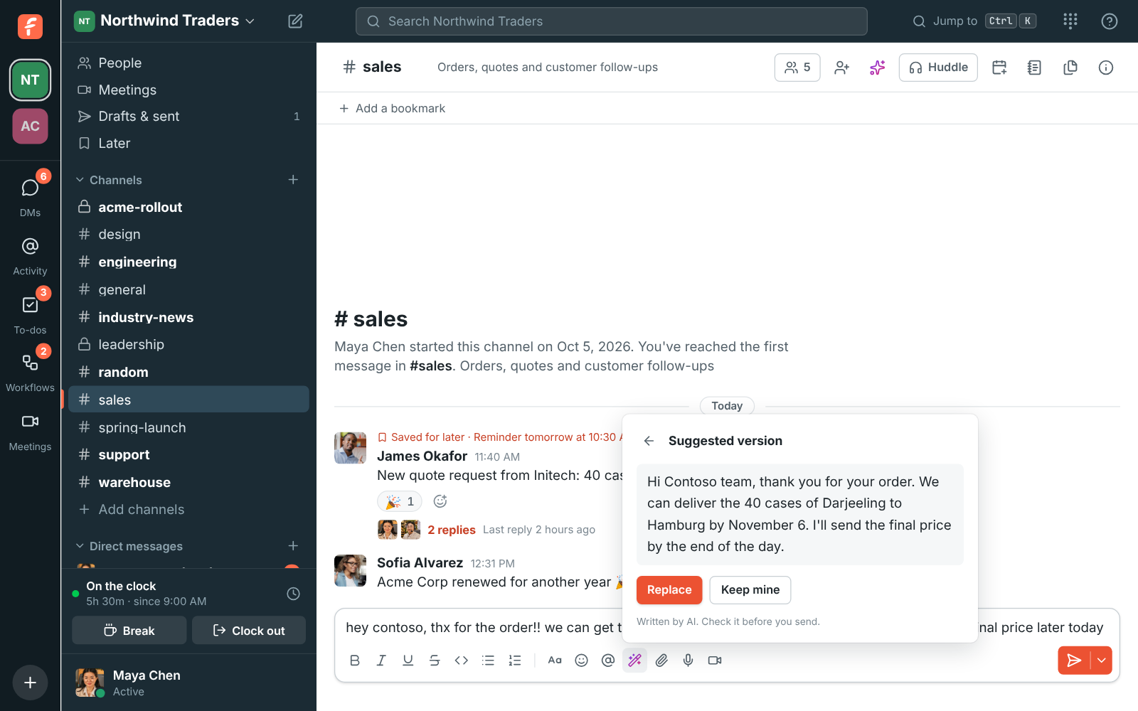 A reply to a customer with an AI suggested version, and Replace and Keep mine buttons