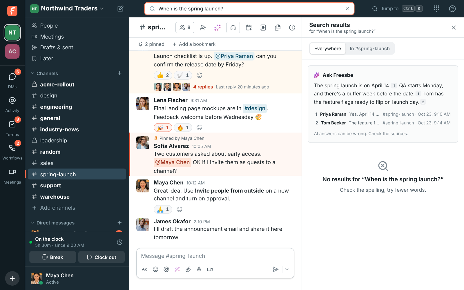 Ask Freesbe answering “When is the spring launch?” with linked sources from #spring-launch