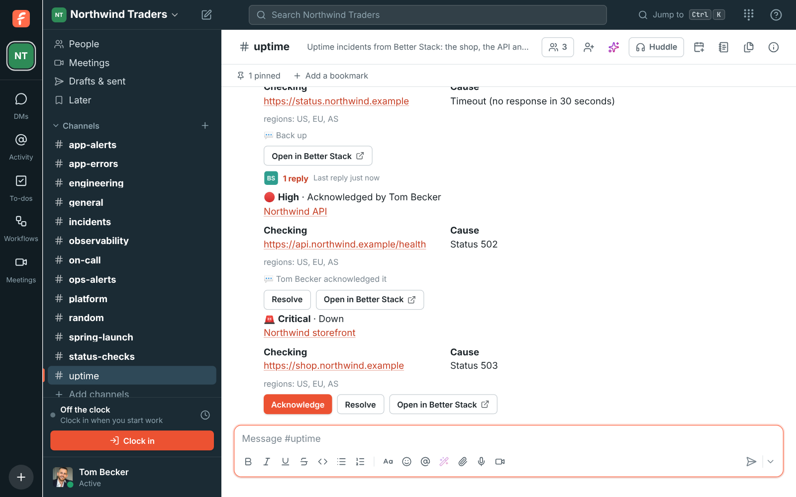 #uptime with Better Stack incidents: the storefront down with Status 503, the API acknowledged by Tom, and the status page back up after 4 minutes