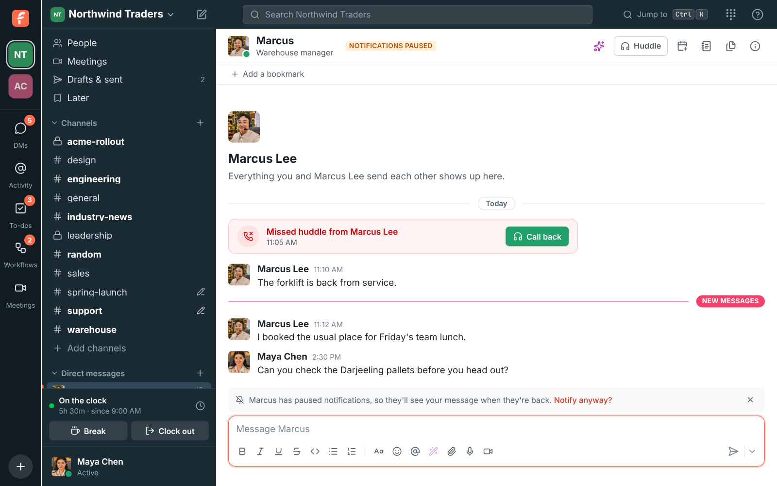 A DM to Marcus with the line “Marcus has paused notifications, so they’ll see your message when they’re back. Notify anyway?” above the message box
