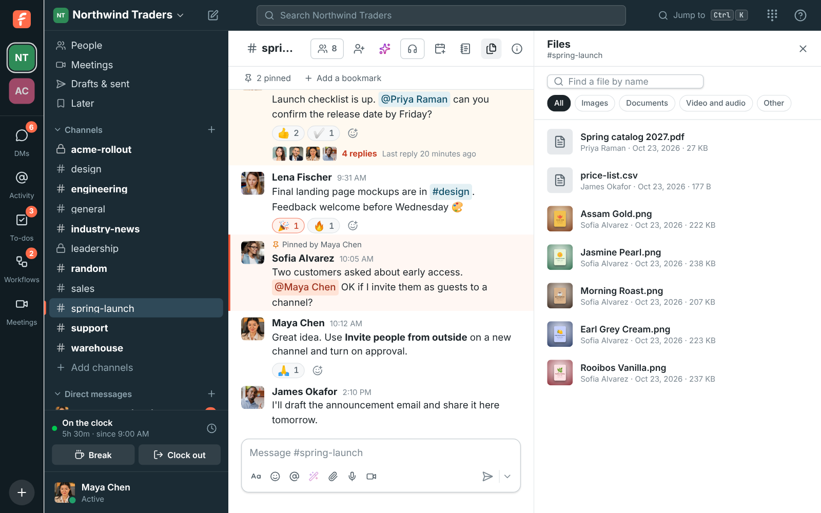 The Files tab of #spring-launch with product pictures, a PDF catalog and a CSV price list