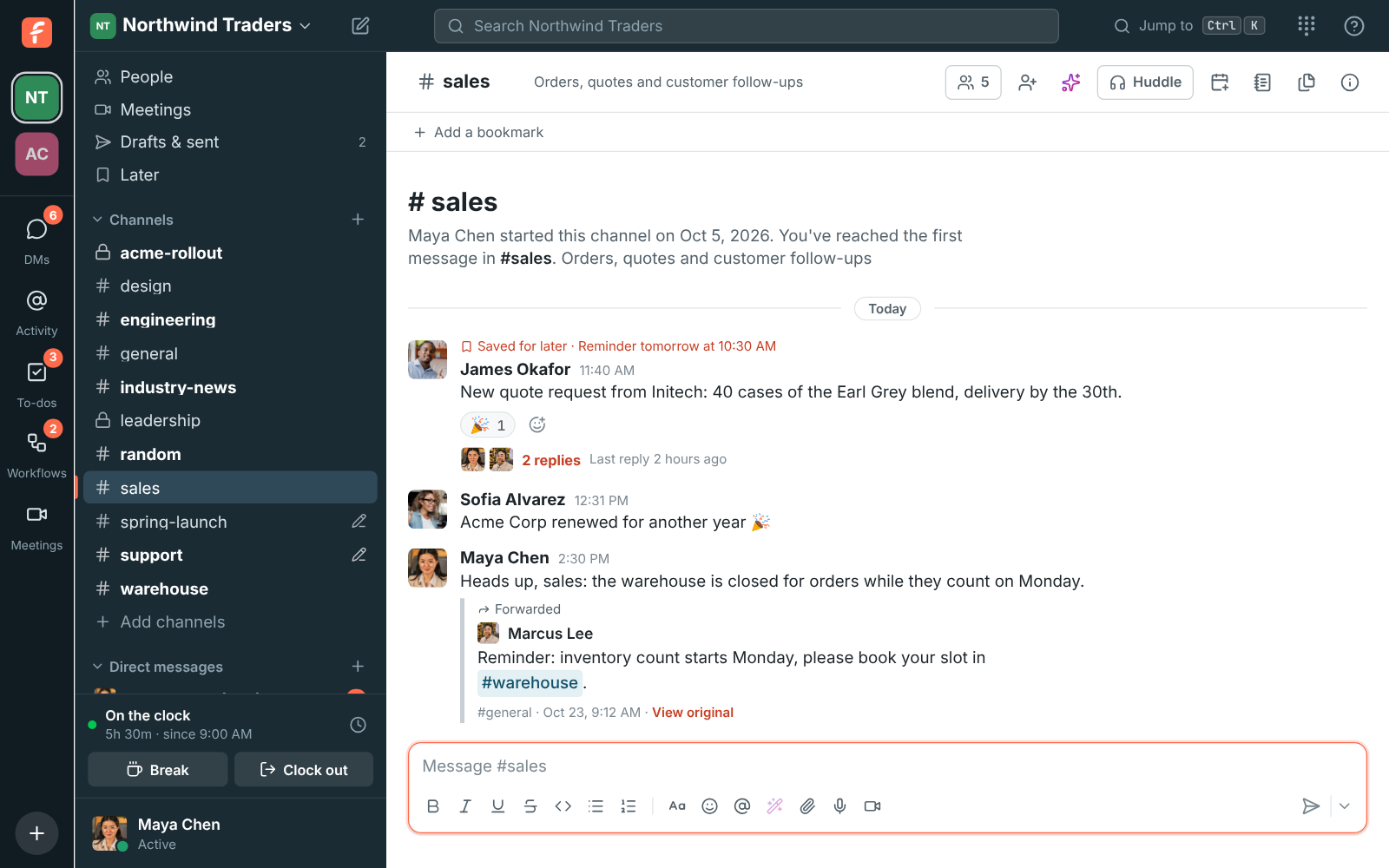 #sales with Maya’s note and Marcus’s forwarded inventory reminder below it