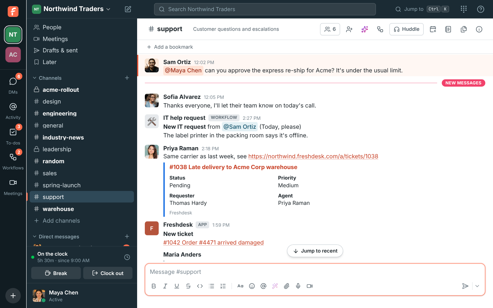 #support with Freshdesk alerts for a new ticket and a customer’s reply, and a Freshdesk link shown as a card
