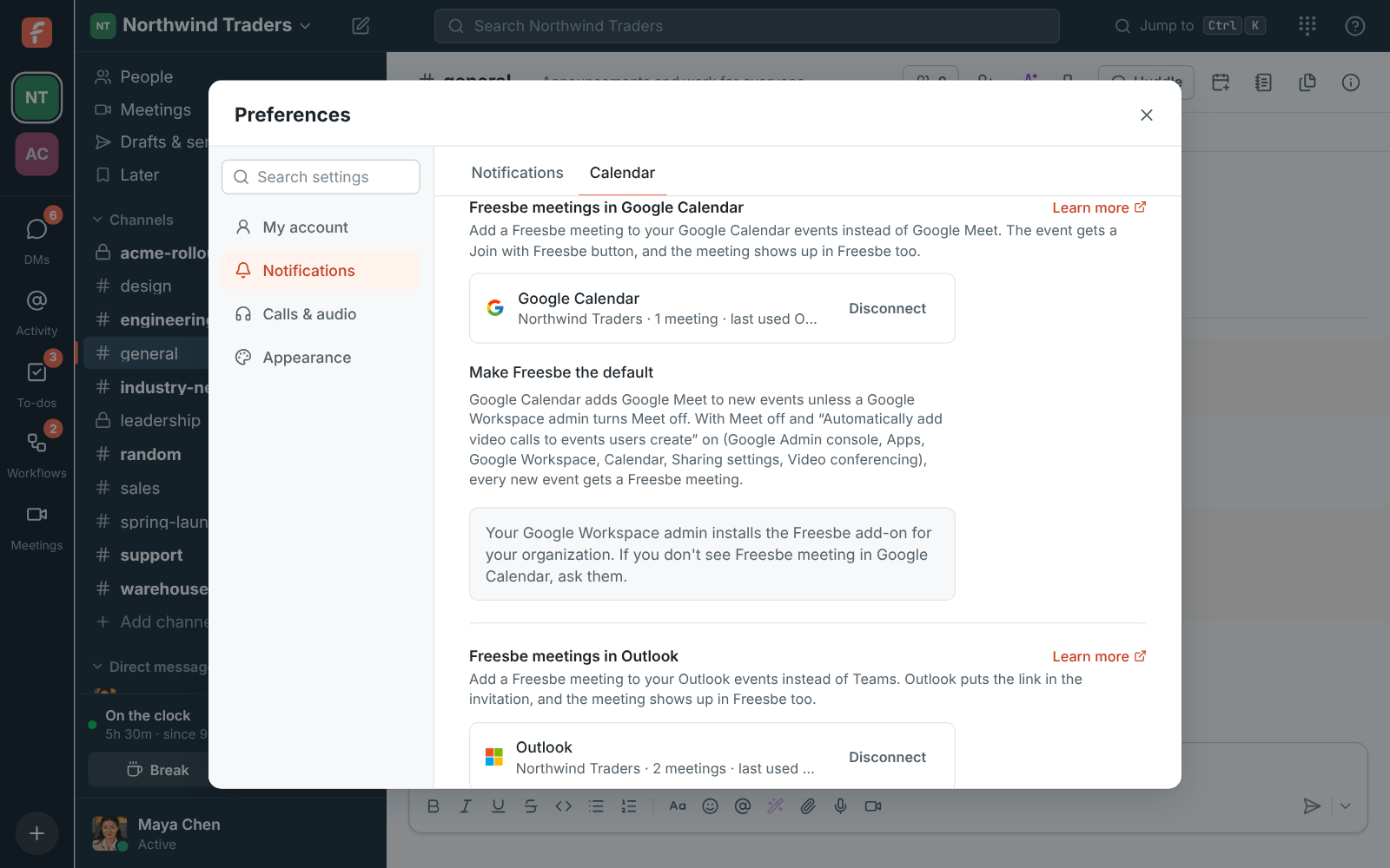 Preferences, Calendar: Freesbe meetings in Google Calendar, connected to Northwind Traders
