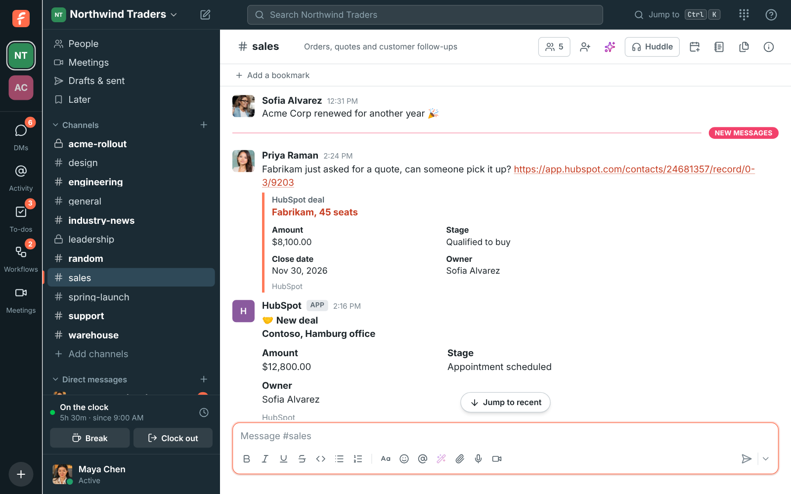 HubSpot deal alerts for Northwind Traders posted into a sales channel