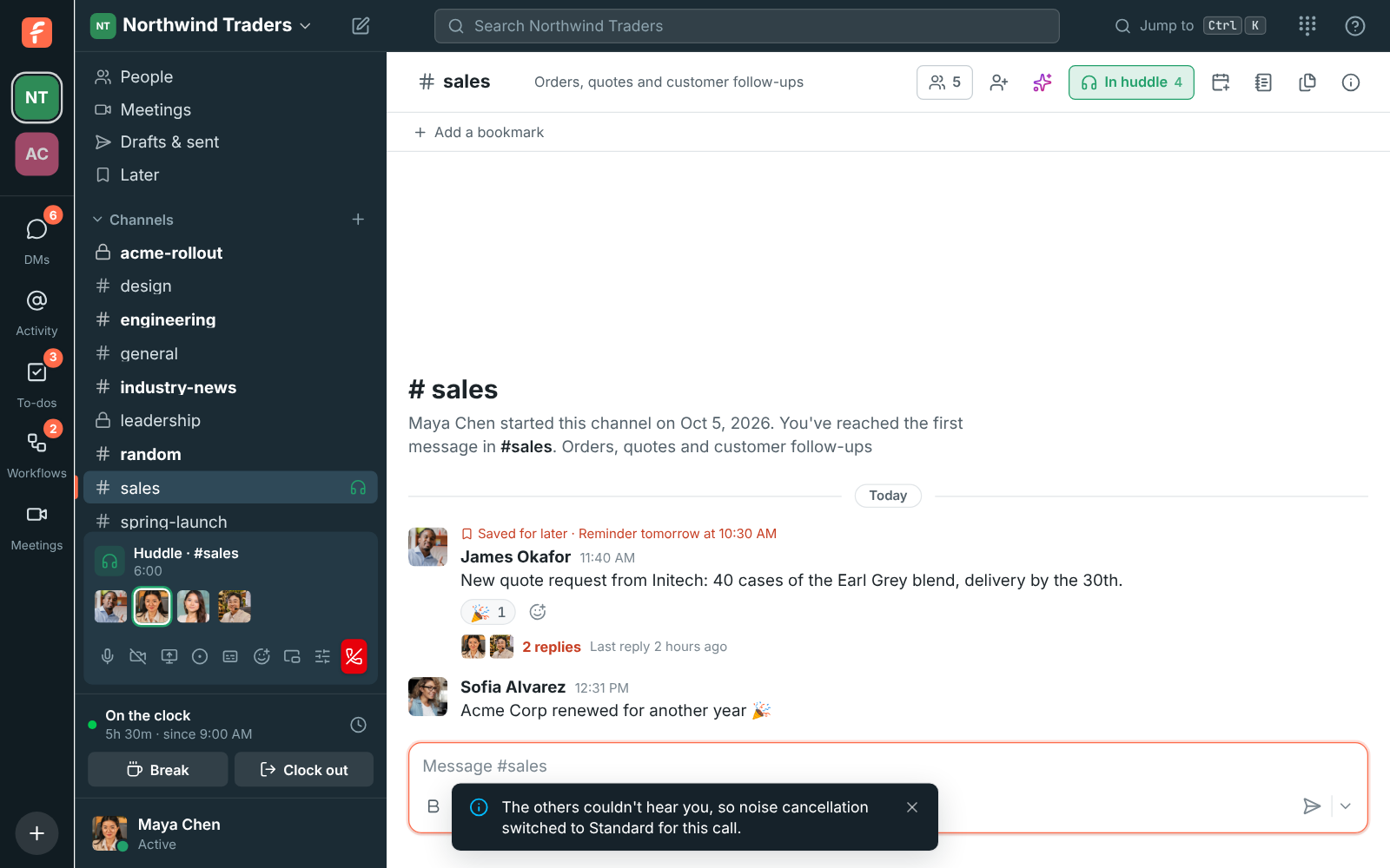 A huddle in #sales where Maya is talking, with a note saying the others couldn’t hear her, so noise cancellation switched to Standard for this call