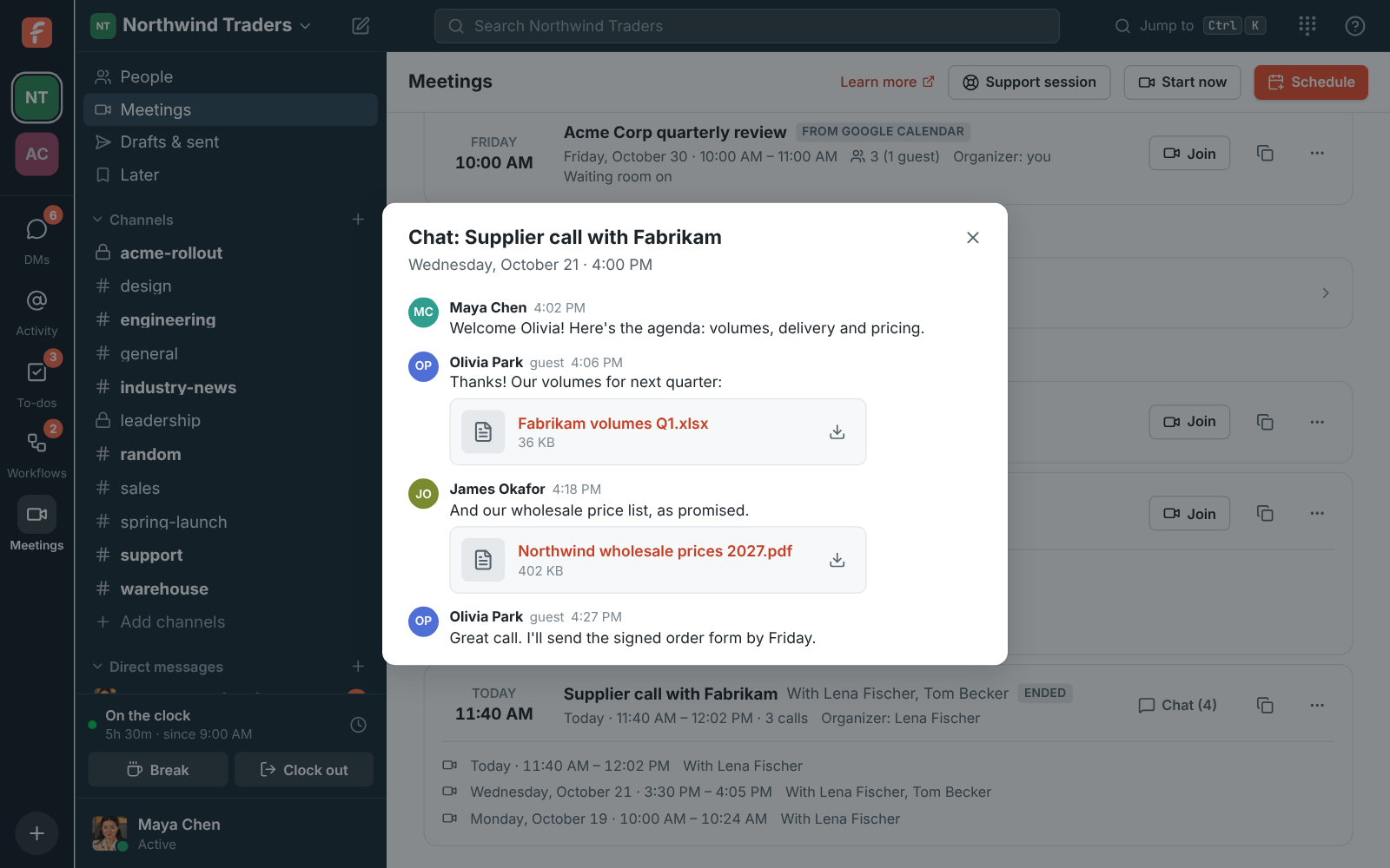 The chat of Supplier call with Fabrikam, read from the Meetings page: messages from Maya, James and the guest Olivia Park, with a spreadsheet and a price list