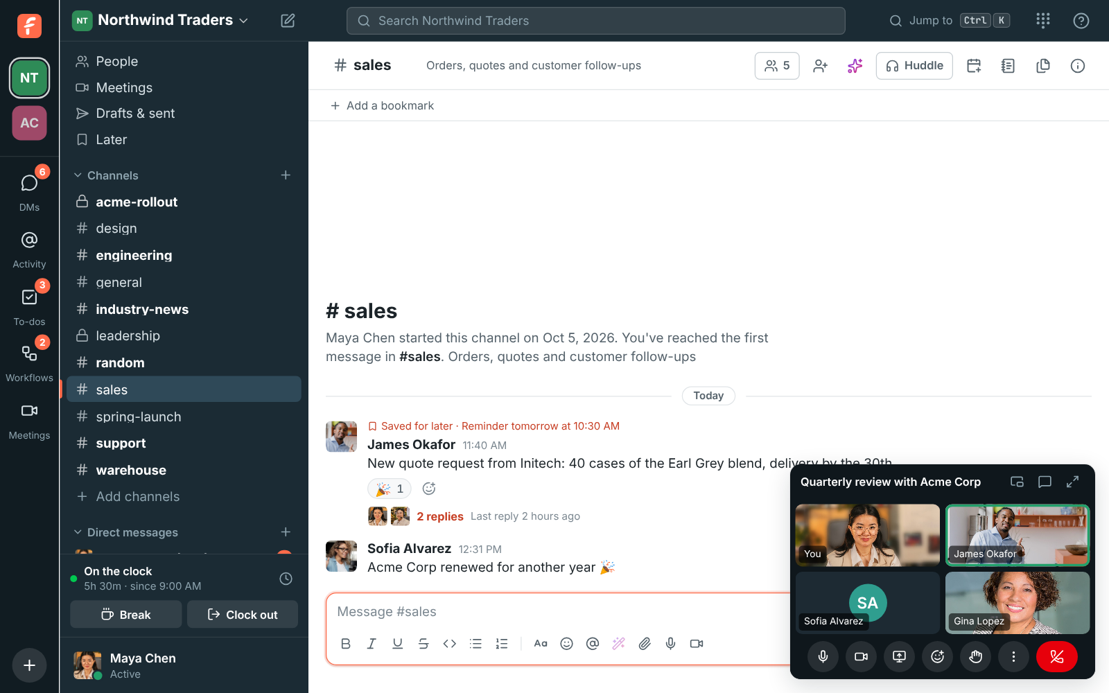 Working in #sales during a meeting: the Q4 pipeline review keeps running in a card in the corner, with mute, camera, open and leave buttons