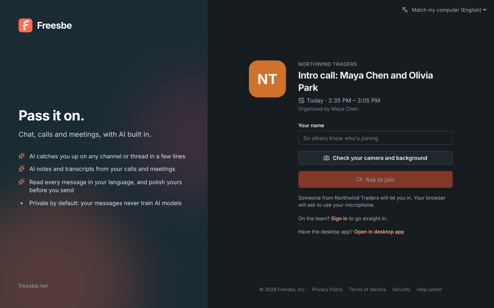 The same meeting link in dark mode for a workspace without a logo: NT initials on an orange tile