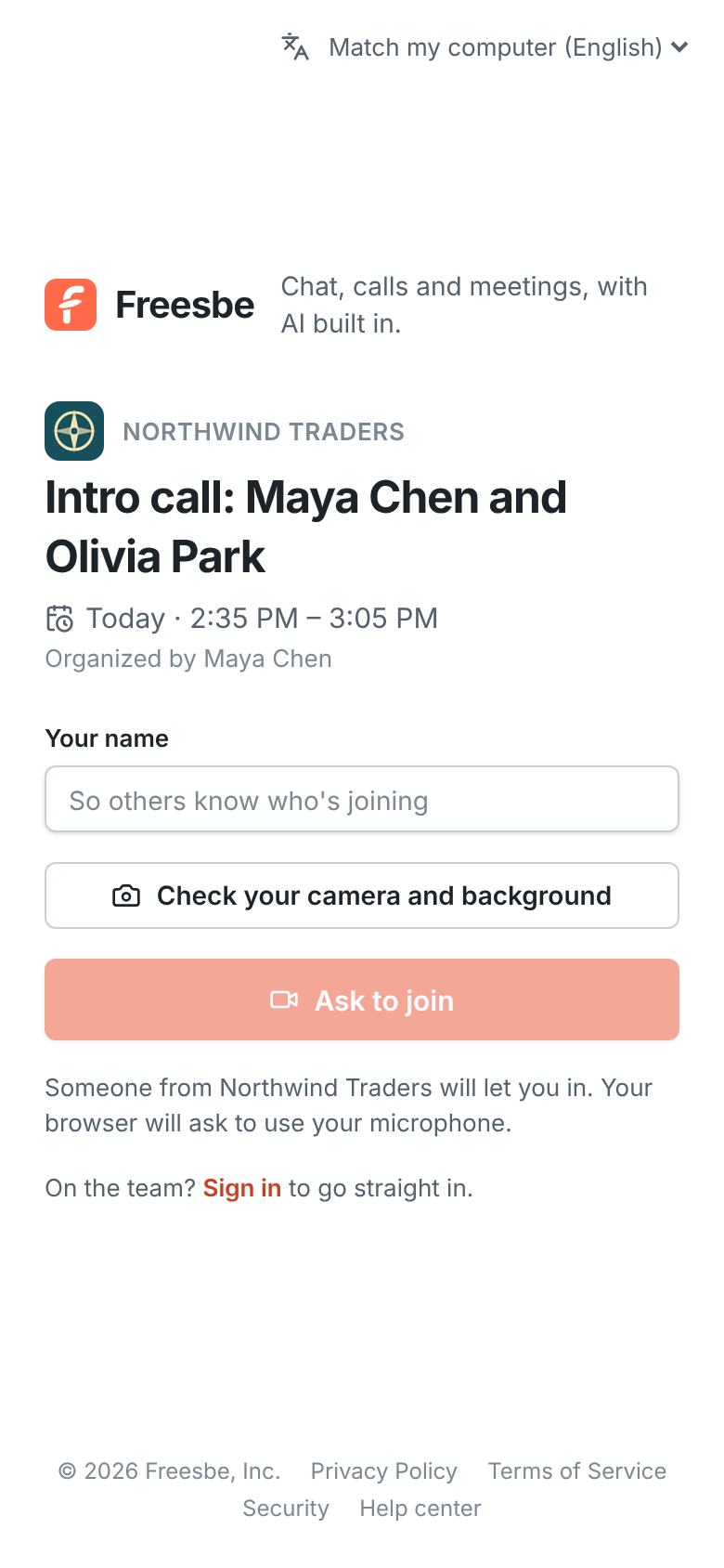The meeting link on a phone: a small Northwind Traders logo next to the workspace’s name above the title
