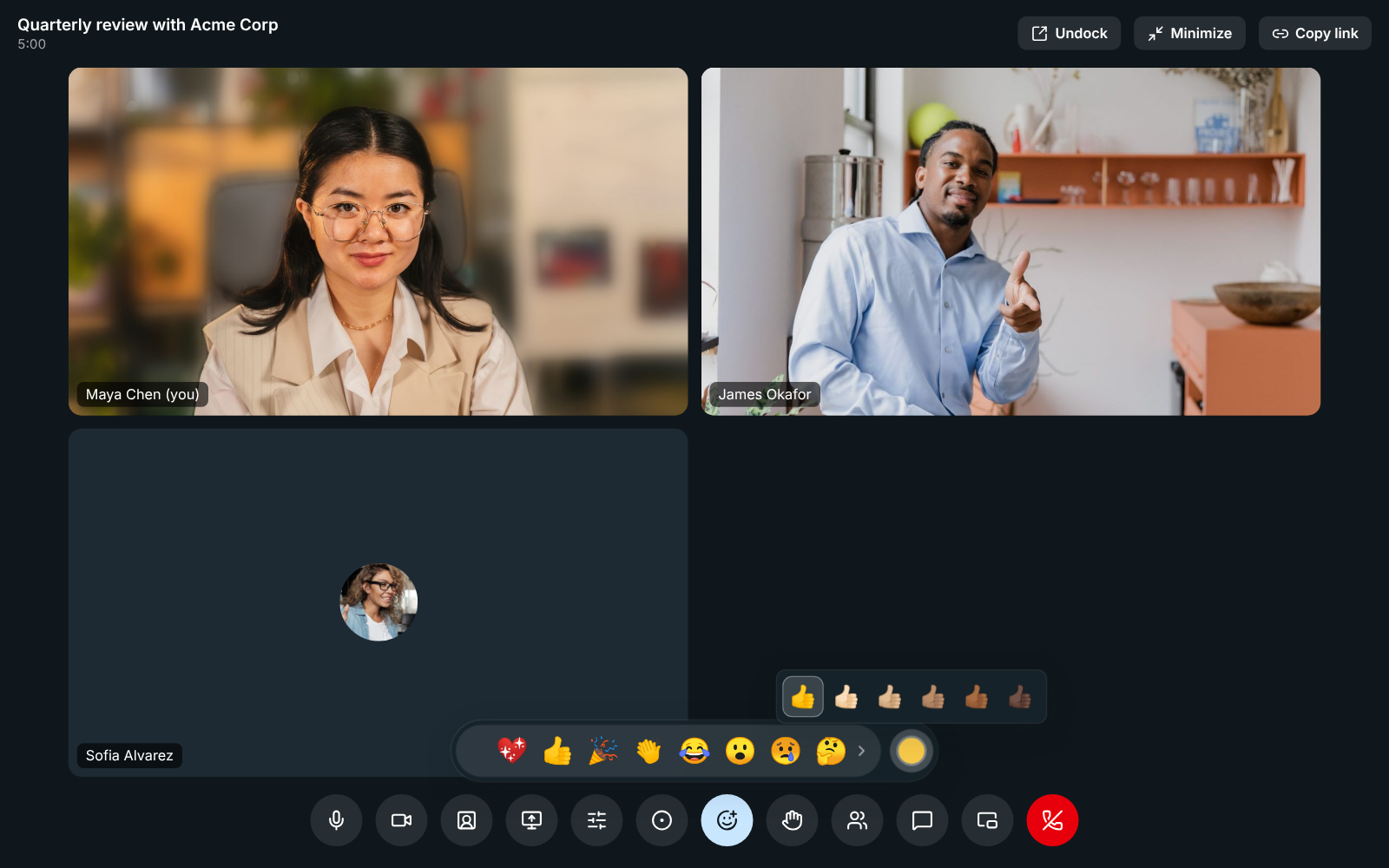 The skin tone picker open above the reaction bar: six thumbs up, from the default yellow to dark