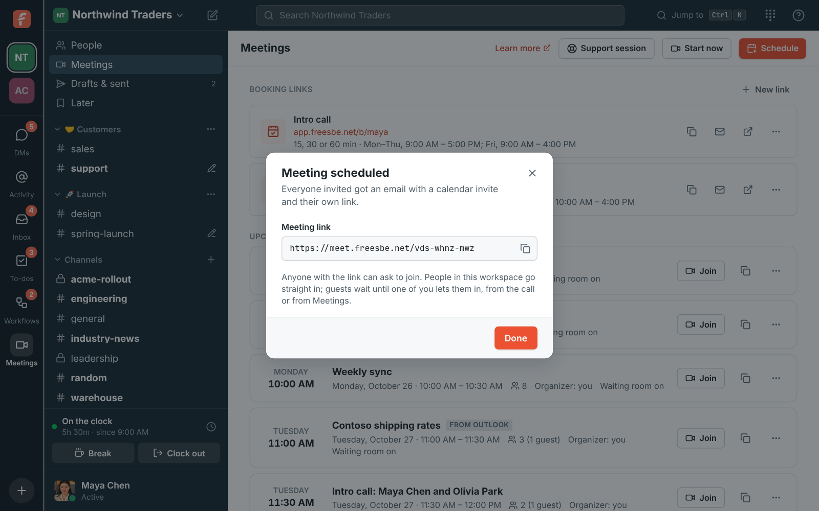 Meeting scheduled: Supplier call with Fabrikam, with its meet.freesbe.net link ready to copy