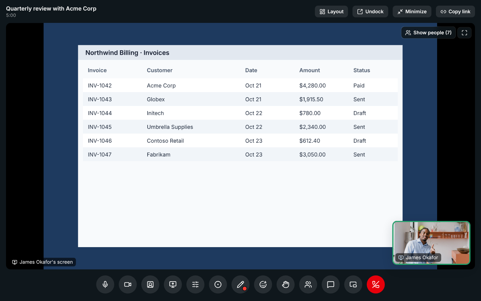 Screen only: James Okafor’s invoices fill the whole stage, with Show people (7) and full screen at the top and James, who is talking, small in the corner