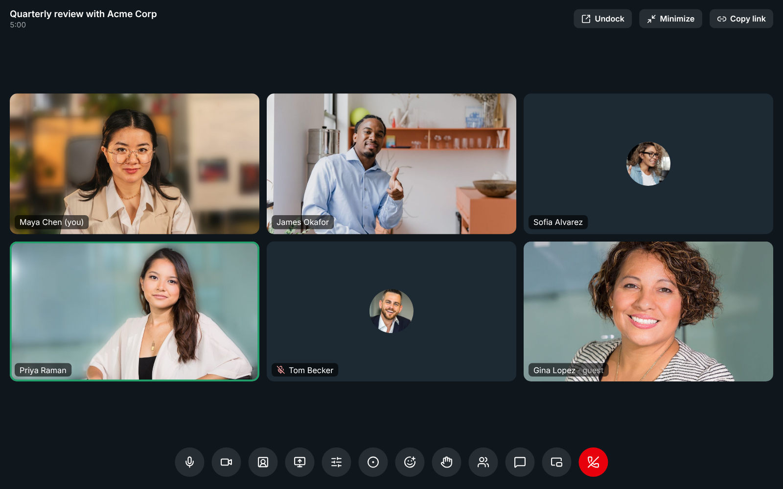 A meeting with six people: Maya Chen, James Okafor, Sofia Alvarez, Priya Raman, Tom Becker and Gina Lopez from Acme Corp, every tile in full above the call controls