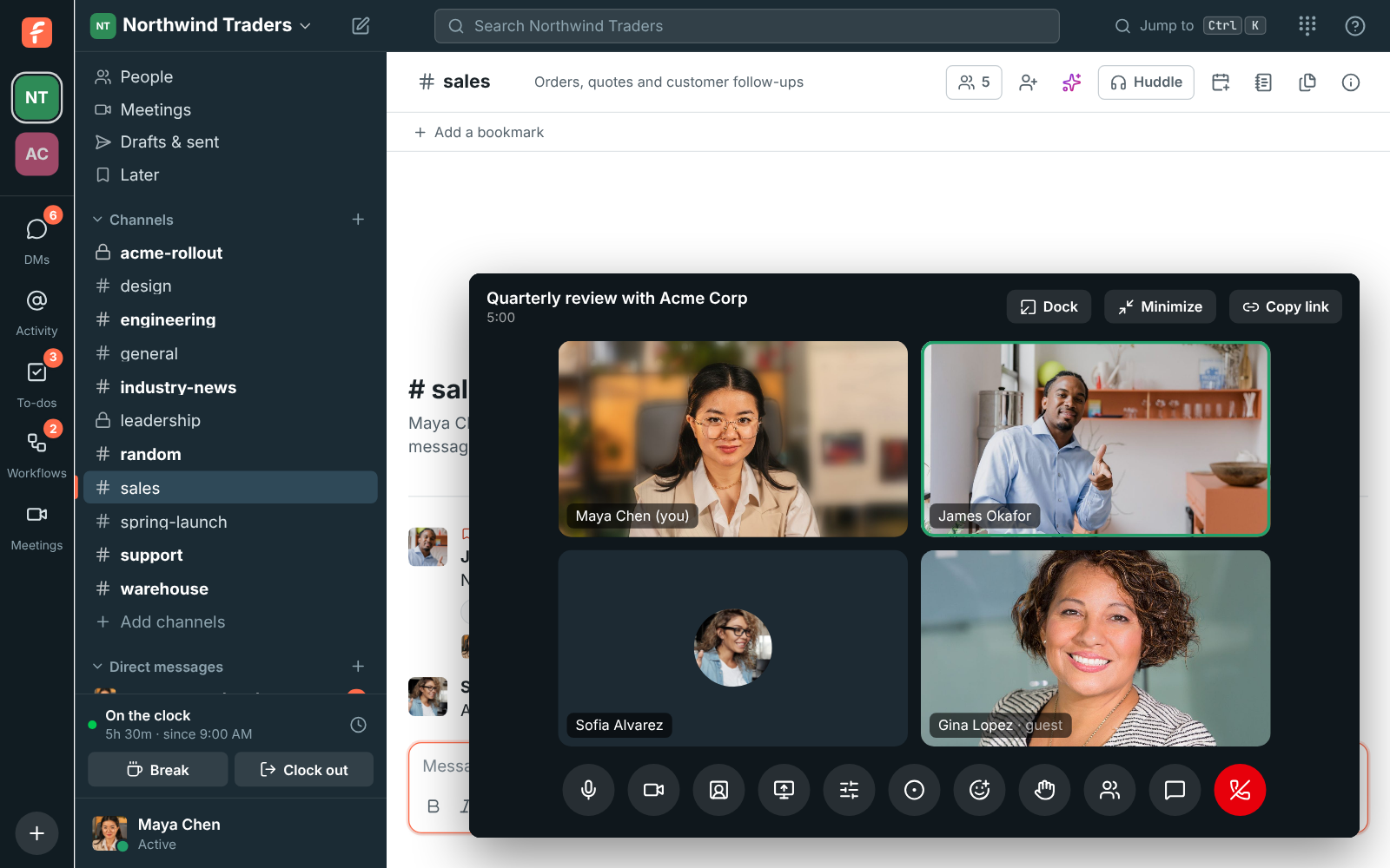 The meeting in its own window over Freesbe, with Dock, Minimize and Copy link at the top and #sales showing behind it