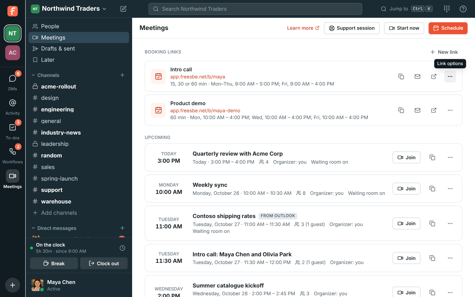 Meetings with two booking links, Intro call and Product demo, above the upcoming meetings
