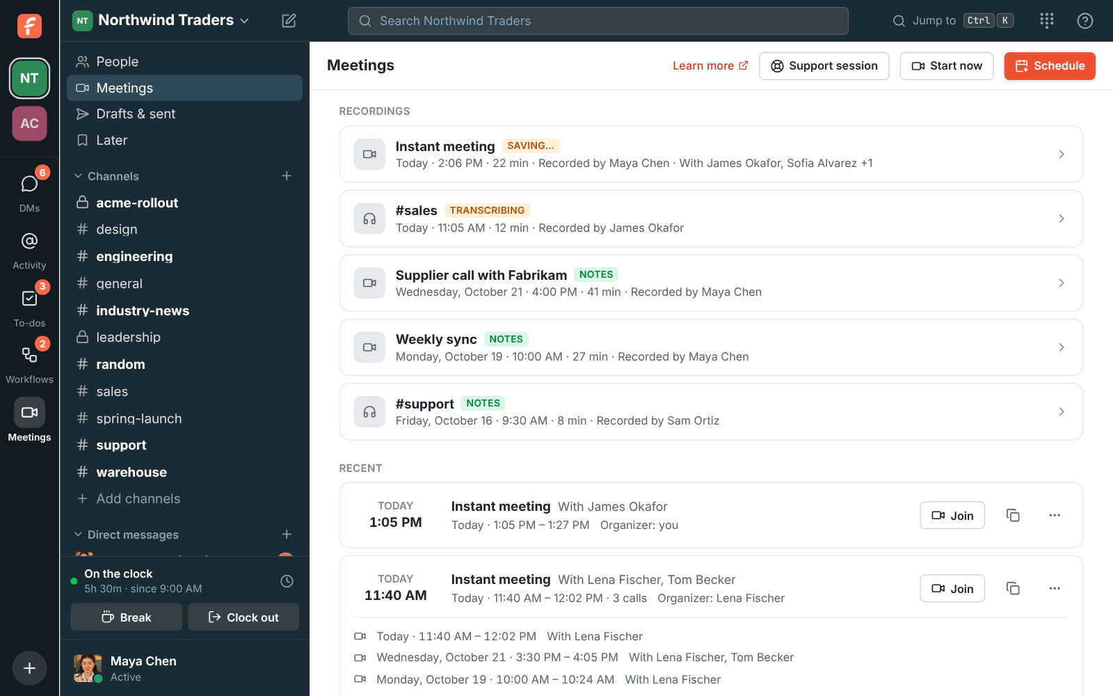 The Meetings page with a Recordings list: a #sales huddle still transcribing, and meetings and huddles with notes