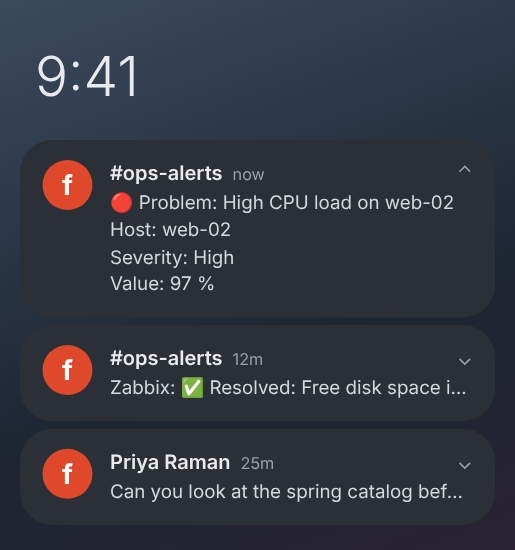 An Android phone’s notifications: an expanded alert in #ops-alerts with a red dot, its host, severity and value, a resolved Zabbix alert, and a message from Priya